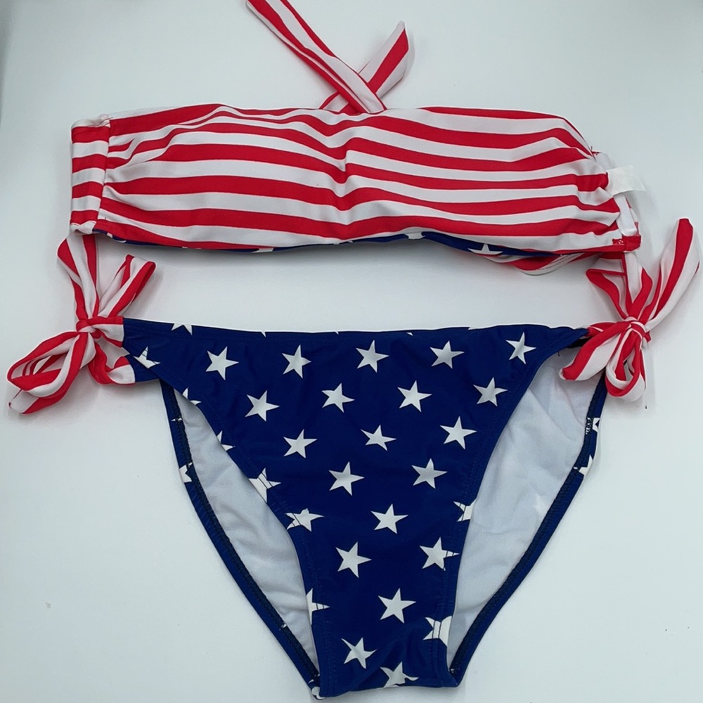 Patriotic American Flag Stars & Stripes Bikini Set with Reversible Top - Picture 2 of 7
